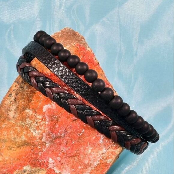 Vault Alijah Braided Beaded Triple Layer Metal Clasp Leather Bracelet Gift Boxed - Picture 8 of 8